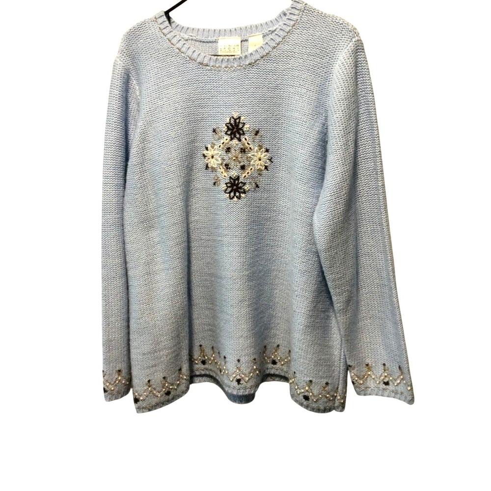 Villager Sport Embroidered Knit Sweater Blue Floral Accent Beads Womens